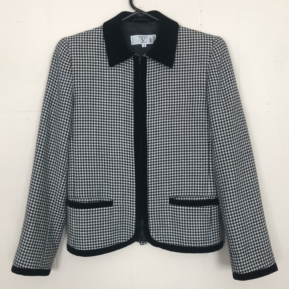 Valentino Wool Houndstooth Blazer w/ Velvet-y Trim